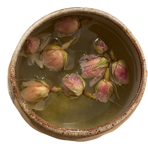 a png of a cup with tea in it. small, dried roses are floating in the tea.