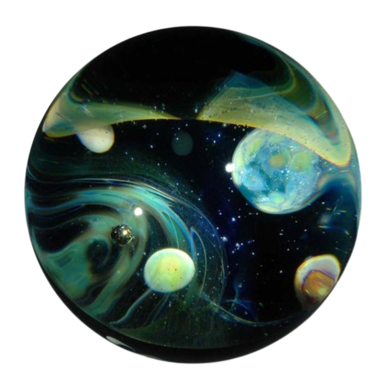 a png of a transparent glass marble. it has green swirls inside of it, and a few yellowish spheres.