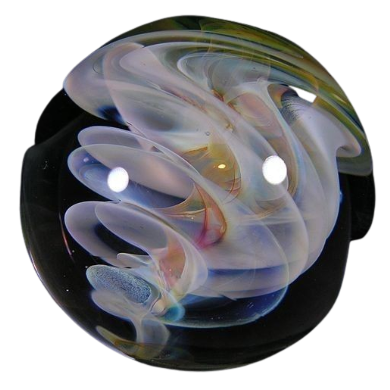 a png of a transparent glass marble. it has a white swirl inside it in a cone shape, reminiscent of a tornade