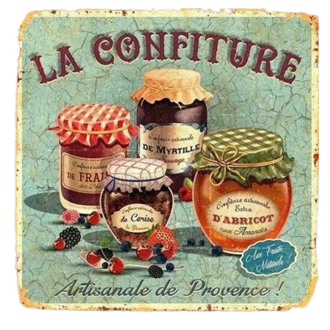 a png of an antique paper depicting jams, reading 'la confiture' above them.